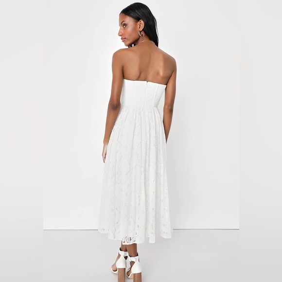 NWT Lulus Exquisite Aura White Lace Strapless Bustier Midi Dress - Picture 2 of 11